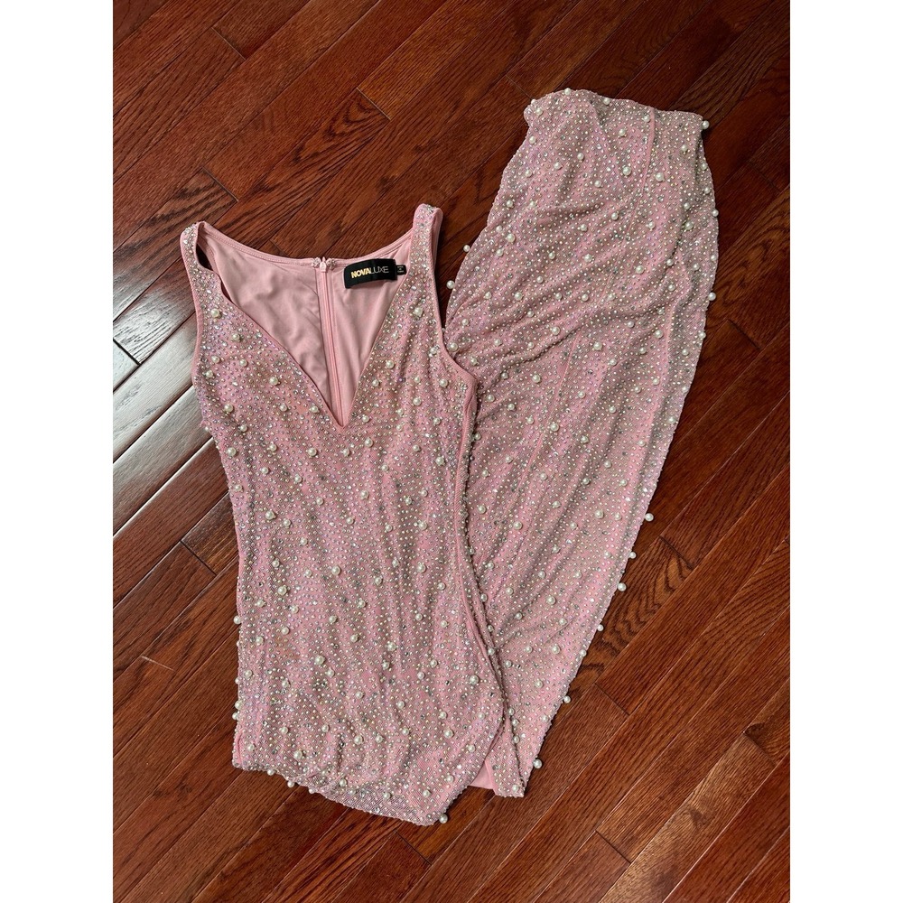 Nova Luxe Diana Pink V Neck Beaded Luxury Sexy Embellished Gown Dress Sheer - Picture 6 of 12